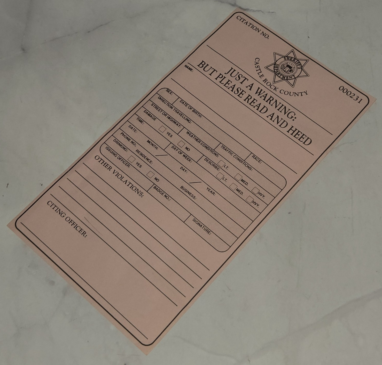 Needful Things (1993) Original Movie Prop Warning Citation Ticket Castle Rock