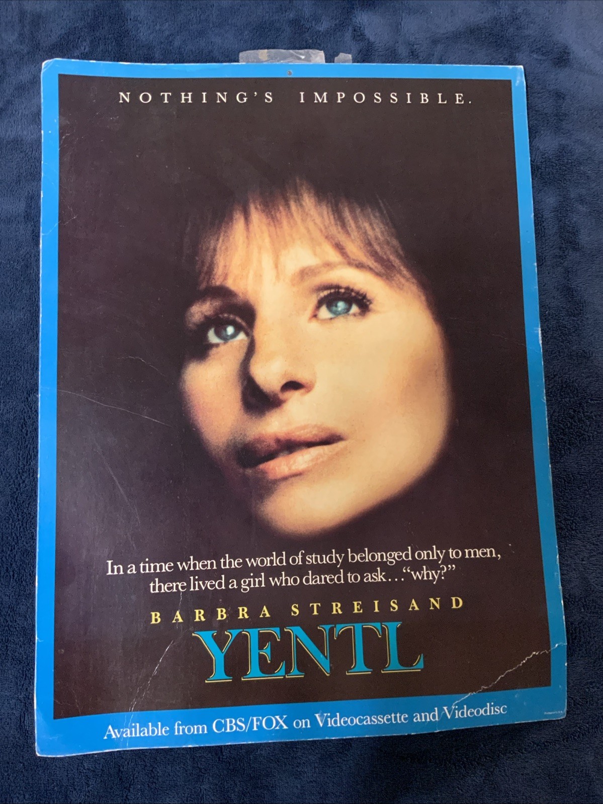 Yentl 1983 Authentic Video Store Poster Barbra Streisand 12″ x 16″ CBS FOX