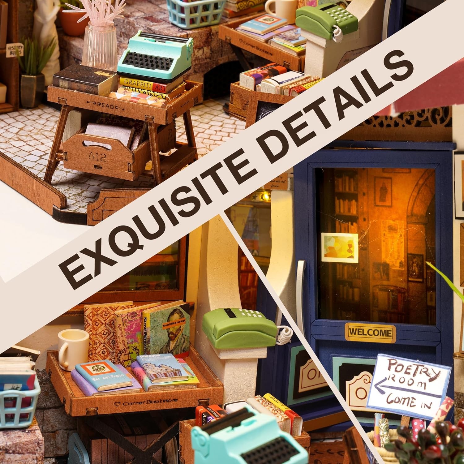 ROBOTIME DIY Miniature House Kit Corner Bookstore, Wooden Dollhouse Model Buildi