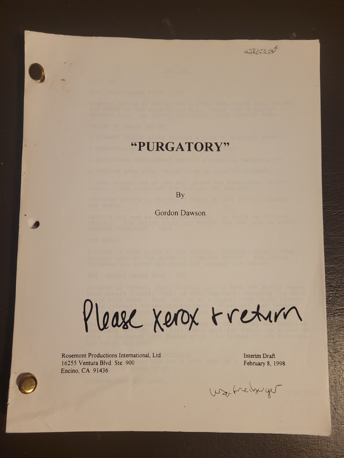 PURGATORY Movie Script 1998 Interim Draft Screenplay Sam Shepard Eric Roberts