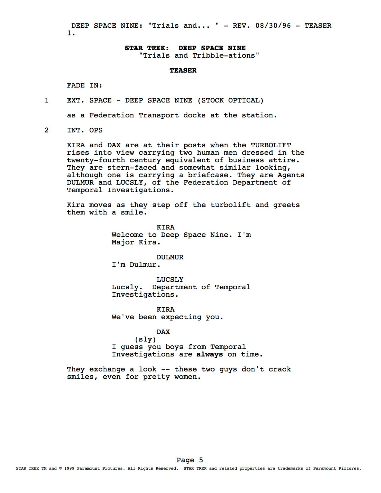 Star Trek Deep Space 9 TV Script “Trials & Tribble-ations” David Gerrold-Reprint