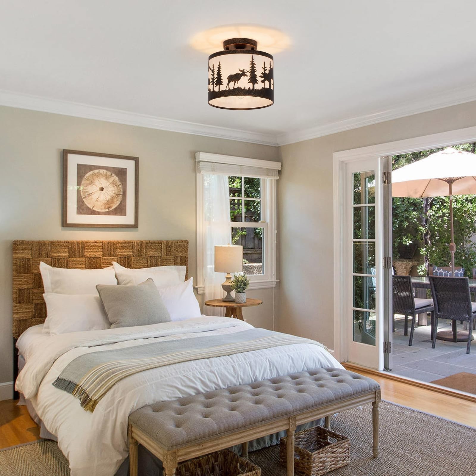 Rustic Semi Flush Mount Ceiling Light with Shade, Black Metal Farmhouse Fixtu…