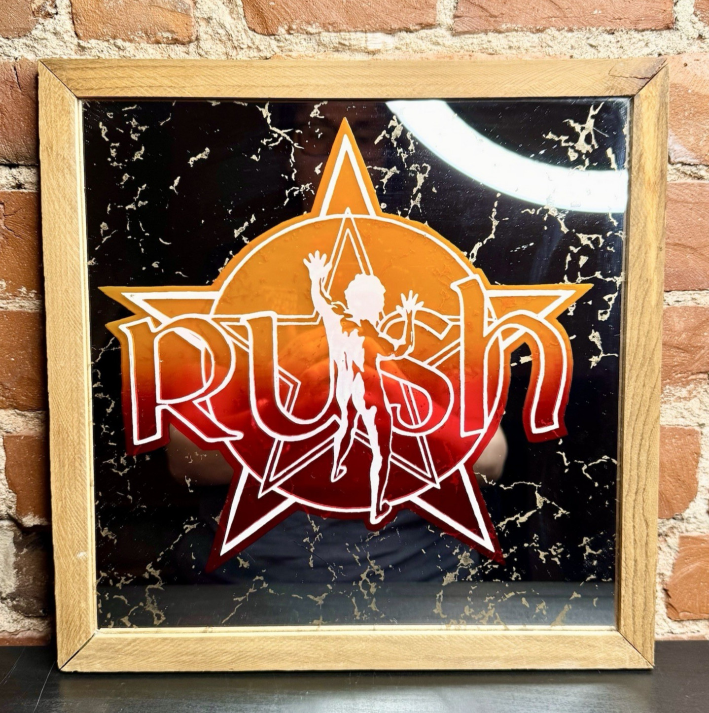 Vintage 1970’s Rush Two-Tone Starman Carnival Mirror 13″ Wood Frame RARE