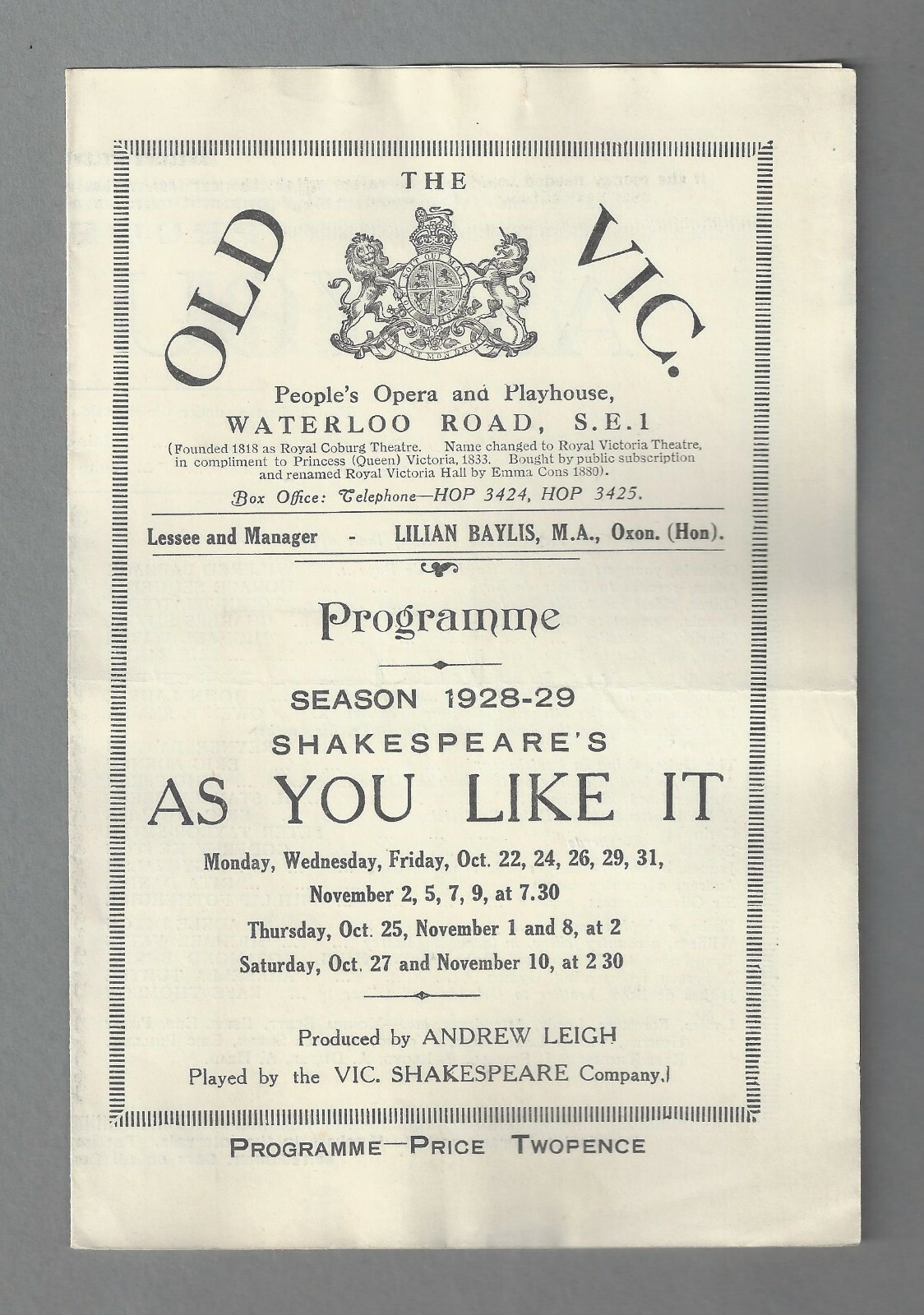 Adele Dixon “AS YOU LIKE IT” Torin Thatcher / Old Vic Co. 1928 London Playbill
