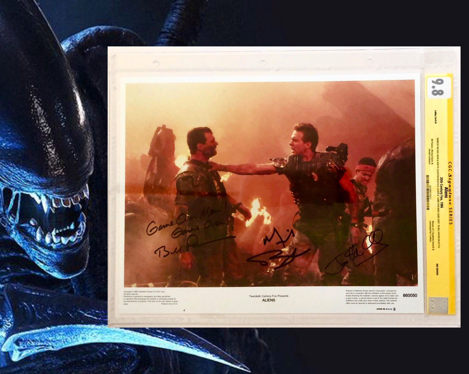 CGC 9.8 SS Aliens Lobby Card #4 signed by Biehn, Paxton & Goldstein 11×14 1986