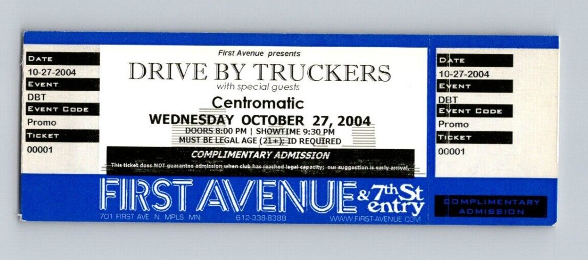 Drive By Truckers Concert Music Show Ticket Stub First Avenue Mpls 10/27/2004