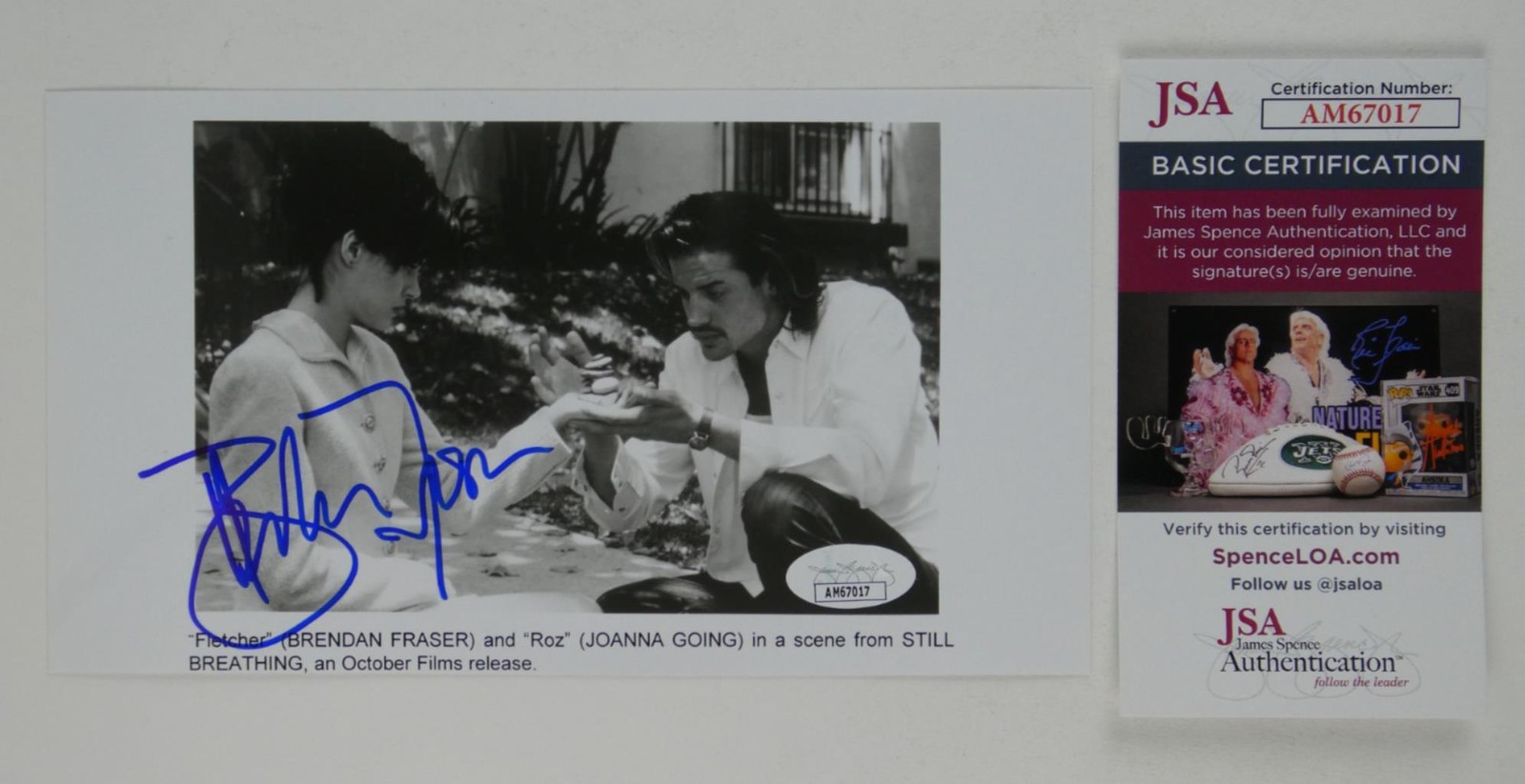 Brendan Fraser Signed 4.5×8 B&W Photo Still Breathing Autographed JSA COA
