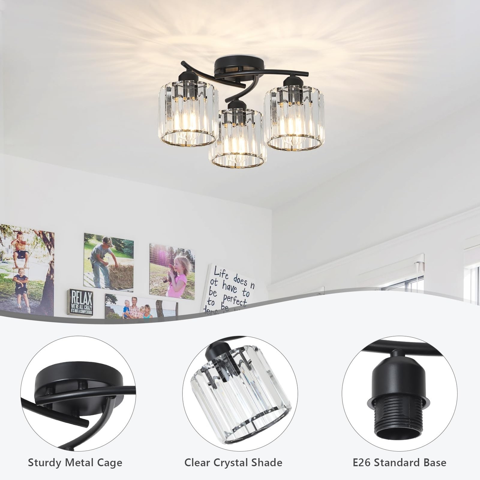 Crystal Semi Flush Mount Ceiling Light,3-Light Black Close to Ceiling Light F…