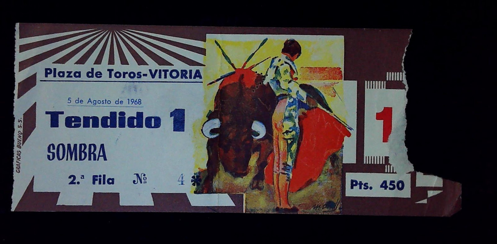 Plaza de Toros Vitoria Spain Bull Riding Fighting Spanish Ticket Stub 8/5/1968