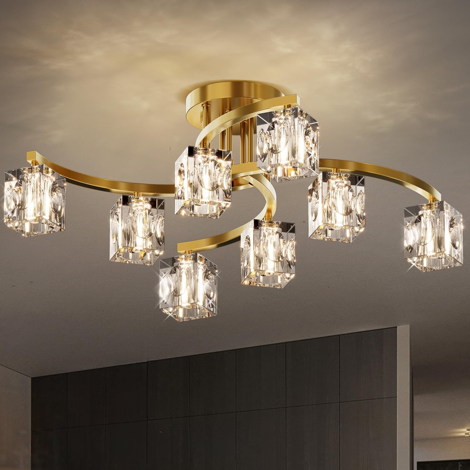 Gold Semi Flush Mount Ceiling Light Fixture, 8-Light Modern Chandelier with K…