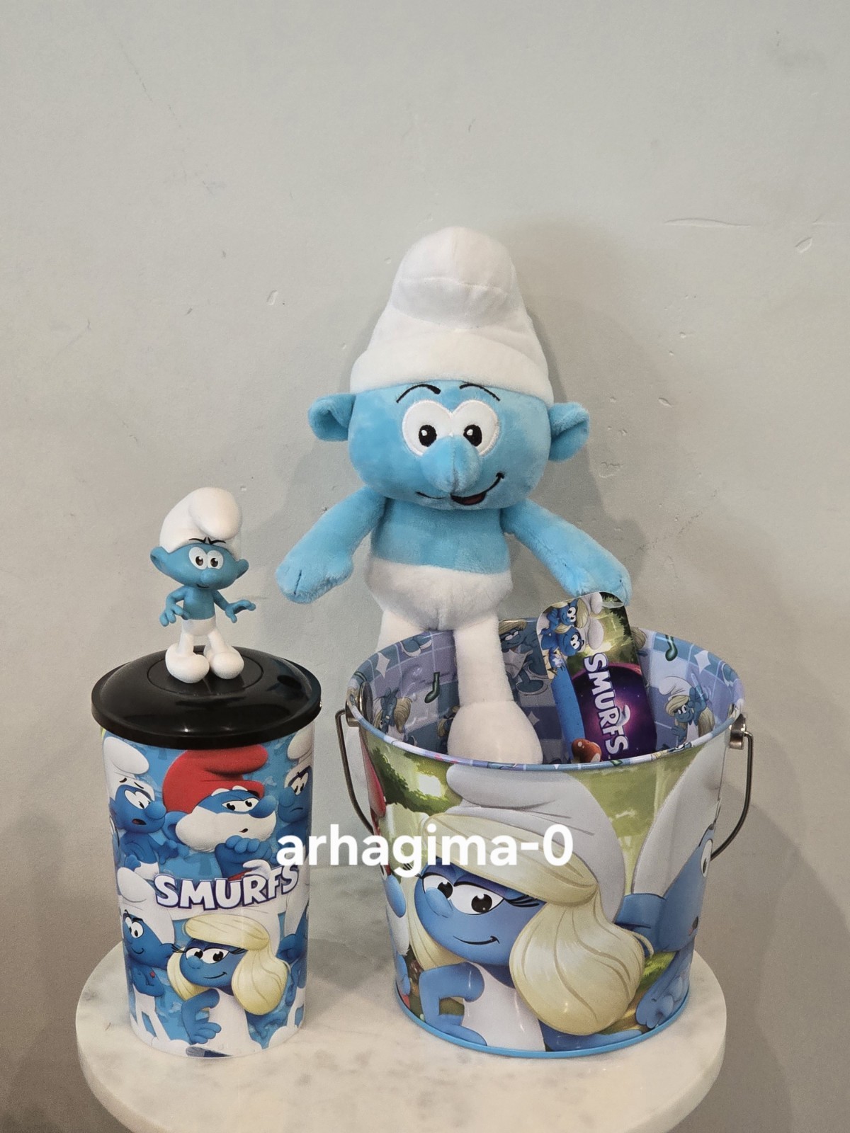 Smurfs 2025 Popcorn Bucket Tin & Kids Cup with Smurf Topper & Plush New 5 Pc Set
