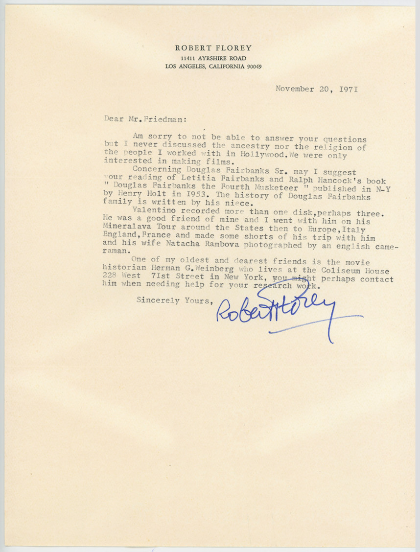 Robert Florey Horror Director Autographed Signed Letter AMCo COA 27507