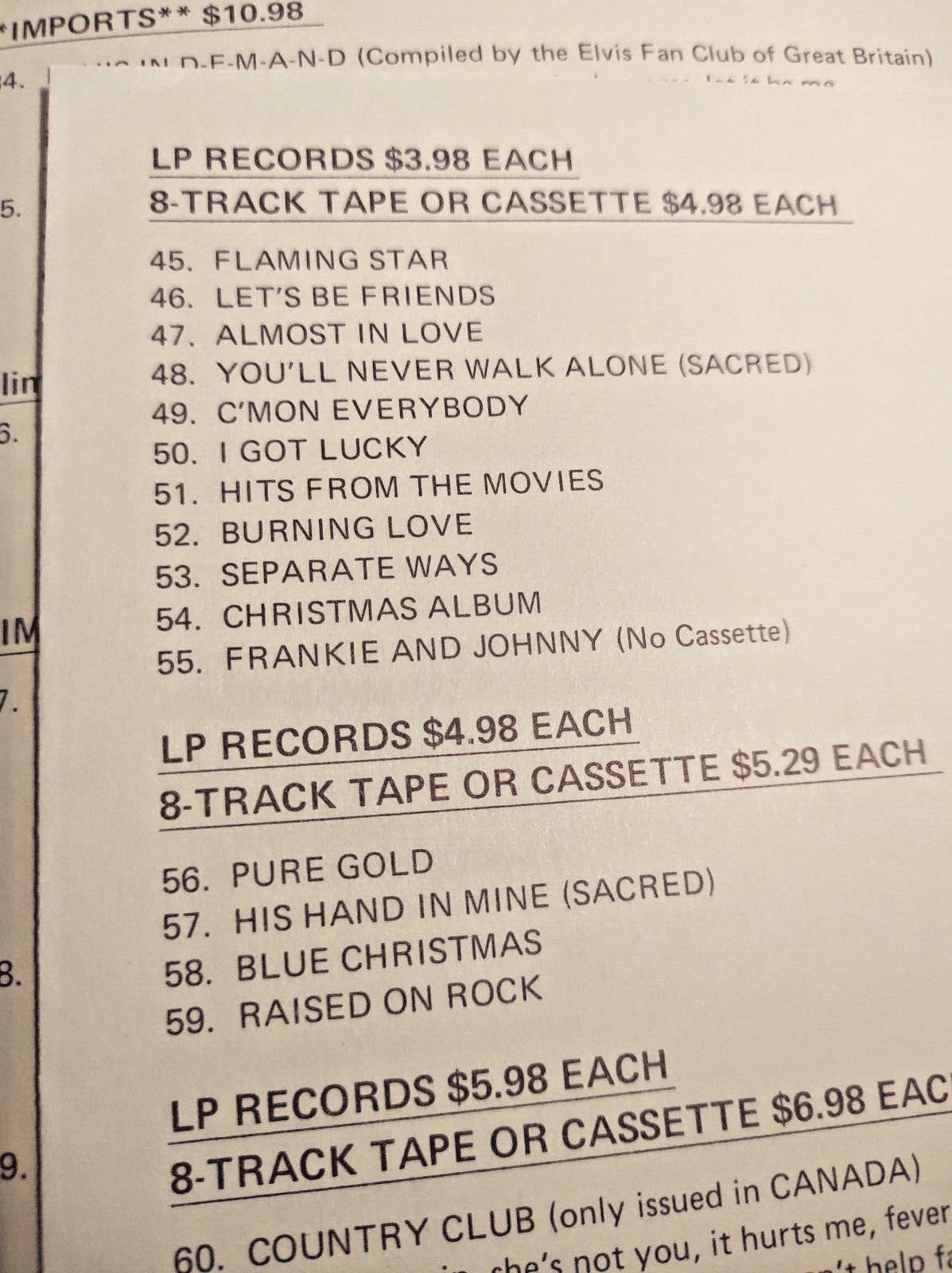 Elvis Presley Teachers Record Price list 1977 All song titles and formats