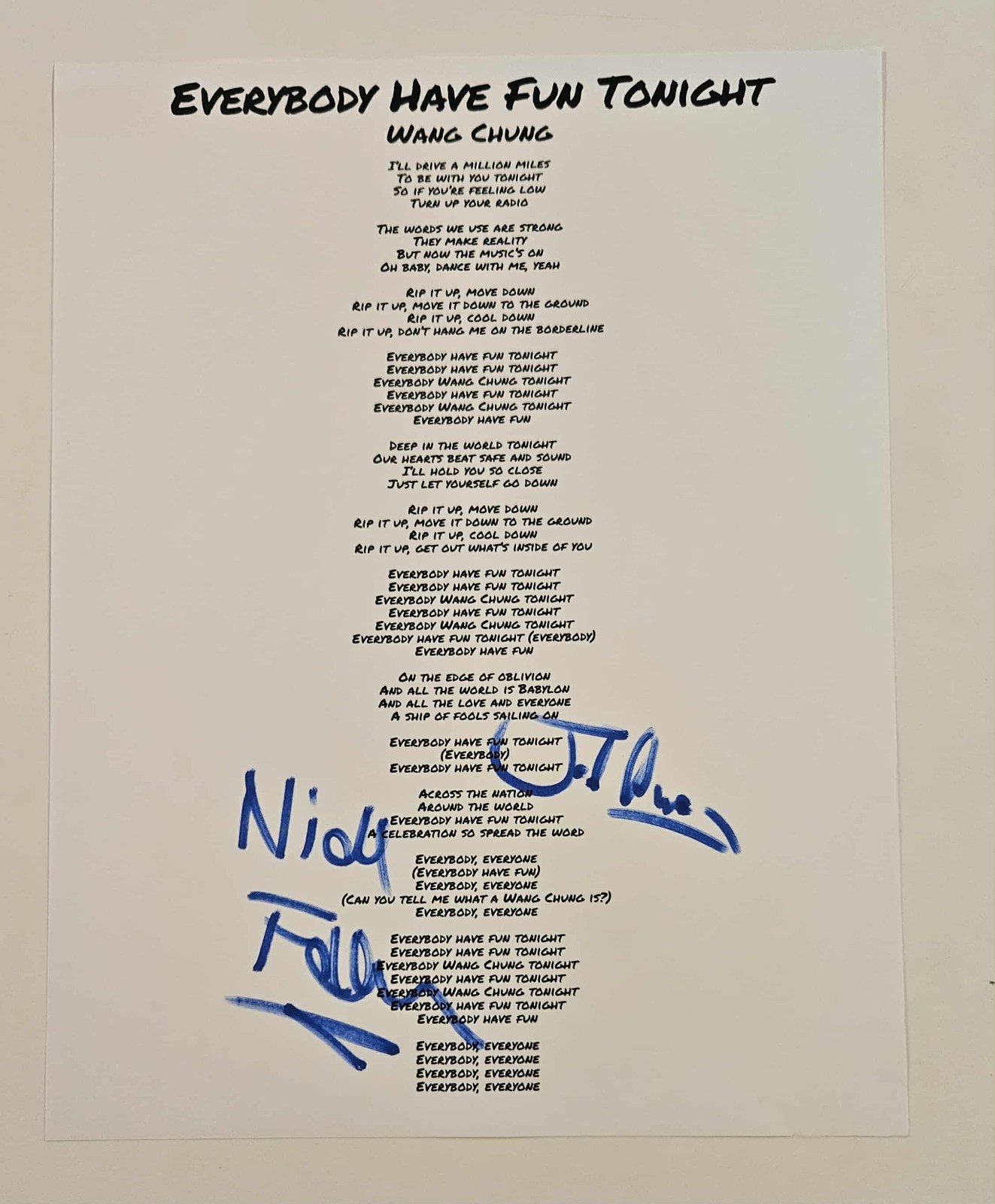 WANG CHUNG SIGNED LYRIC SHEET HAVE FUN TONIGHT JACK HUES NICK FELDMAN PROOF