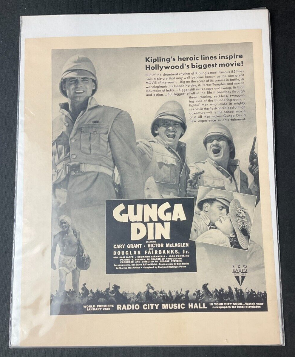 Vintage 1939 RKO Pictures Movie Gunga Din Cary Grant Doug Fairbanks Jr. 10×13 Ad
