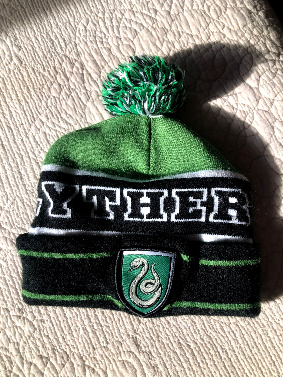 Harry Potter Slytherin Crest Beanie Hat with Pom Green Black White age 14 & up