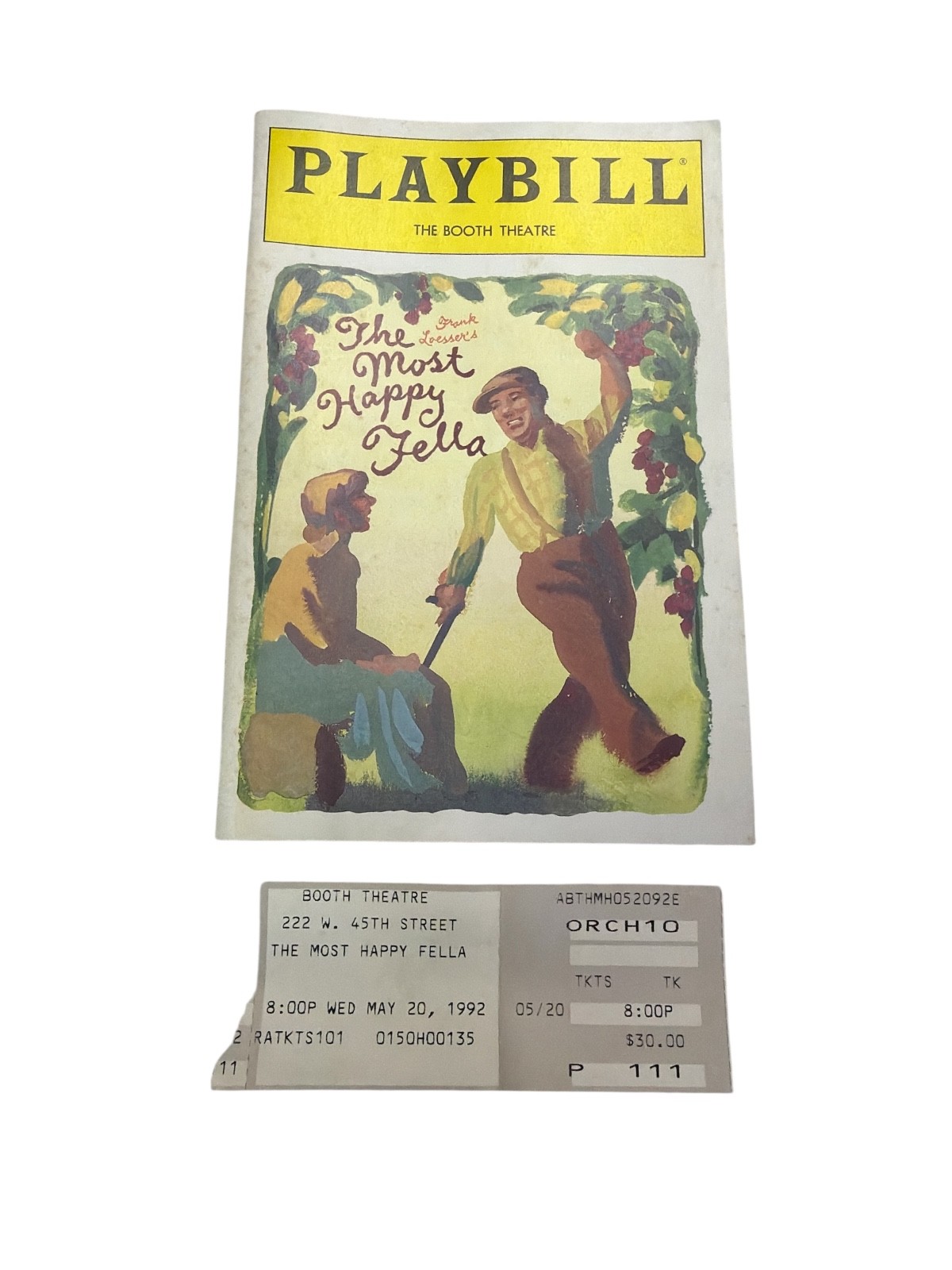 1992 The Most Happy Fella Playbill Booth Theatre NYC Frank Loesser + Ticket Stub