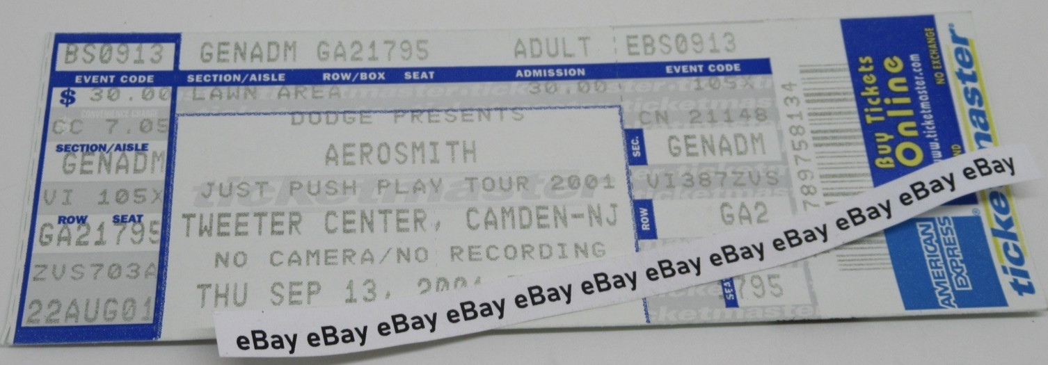 Aerosmith Camden New Jersey SEP 13, 2001 Tweeter Center (9/11) Postponed Ticket