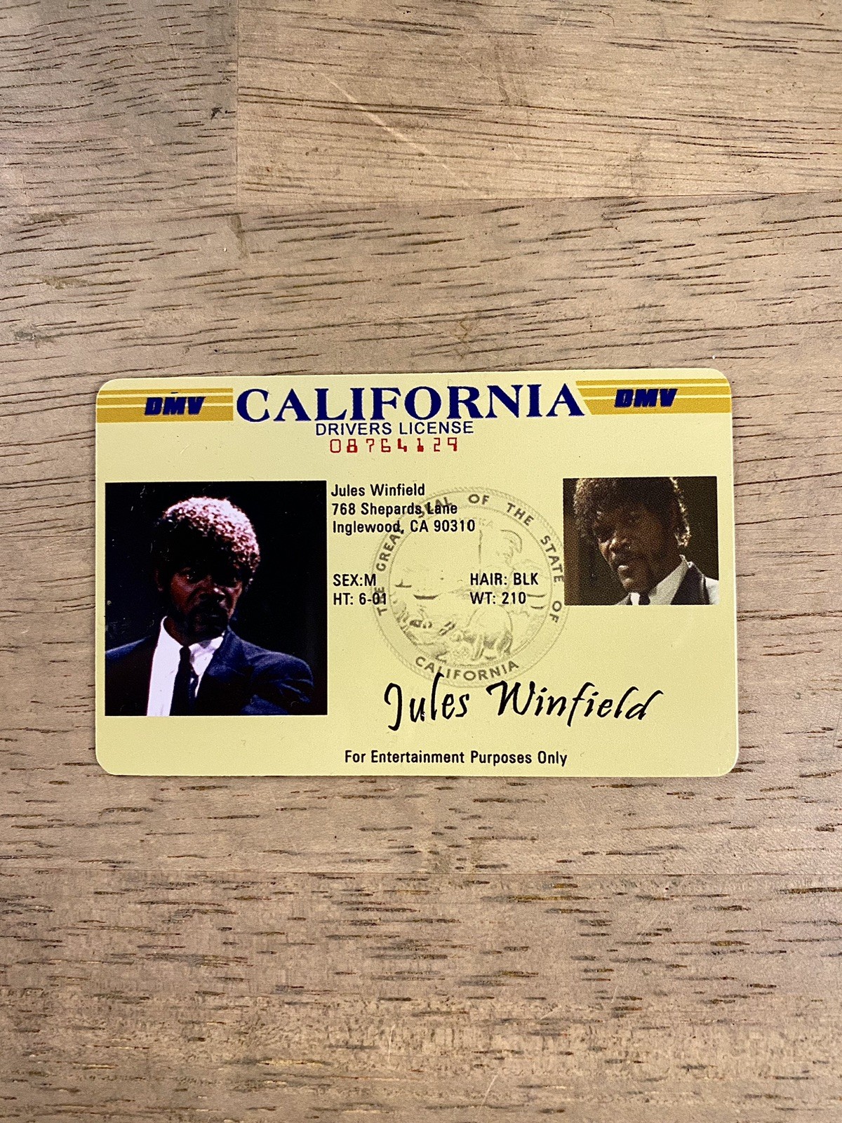Pulp Fiction Jules Winnfield License Prop Cosplay Novely
