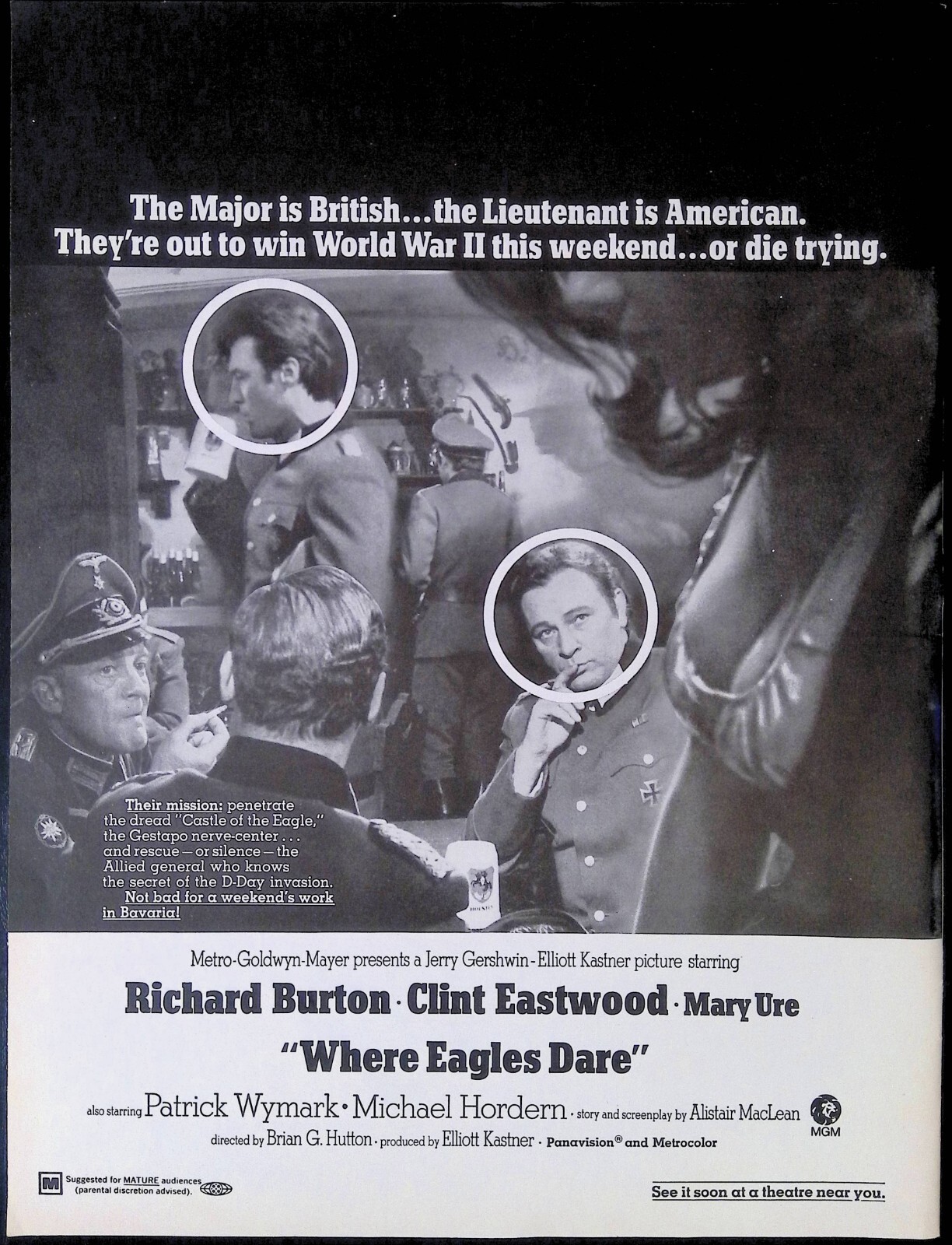 Print Ad 1969 WWII Where Eagles Dare Richard Burton Clint Eastwood MGM Movie