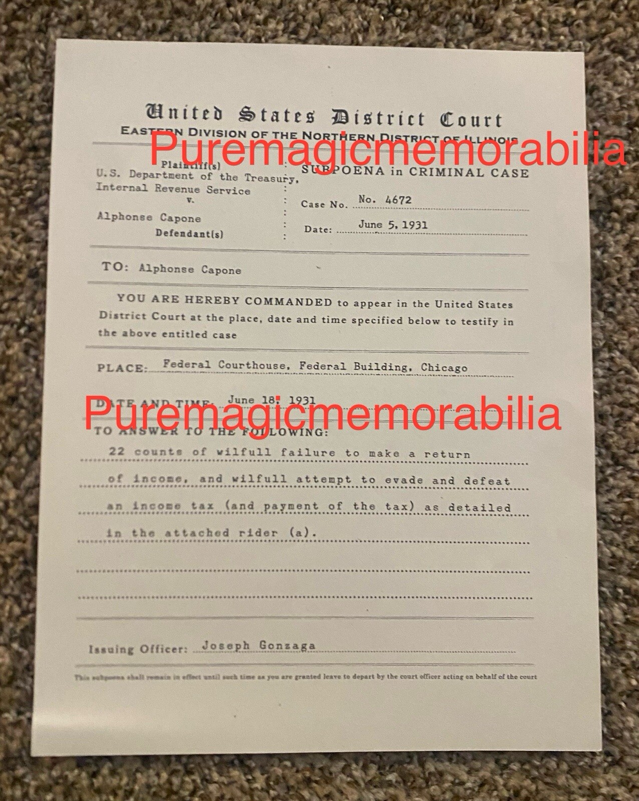 Boardwalk Empire – Al Capone (Stephen Graham) Production Used Prop Subpoena!
