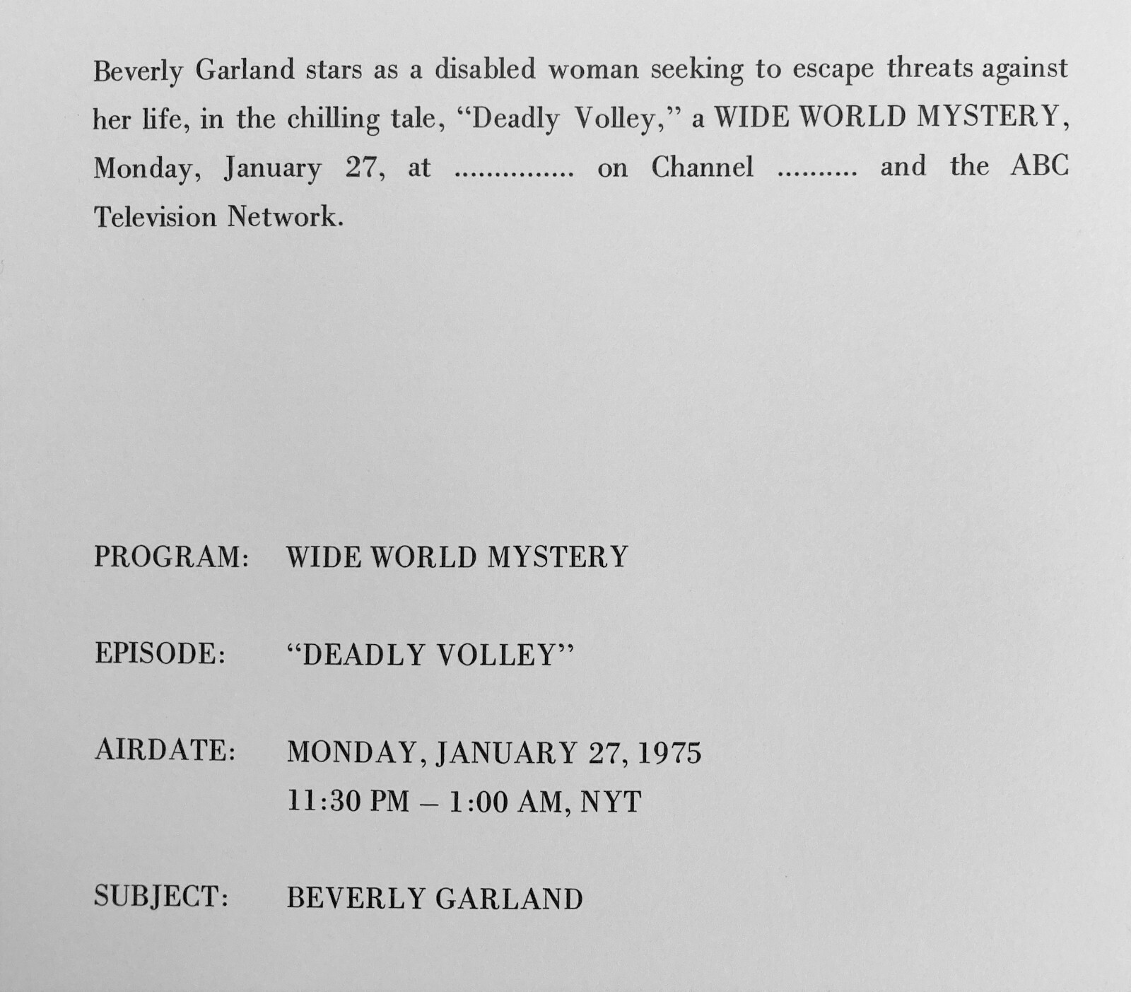 1975 ABC TV BEVERLY GARLAND “WIDE WORLD MYSTERY: DEADLY VOLLEY” ORIG PHOTO #5