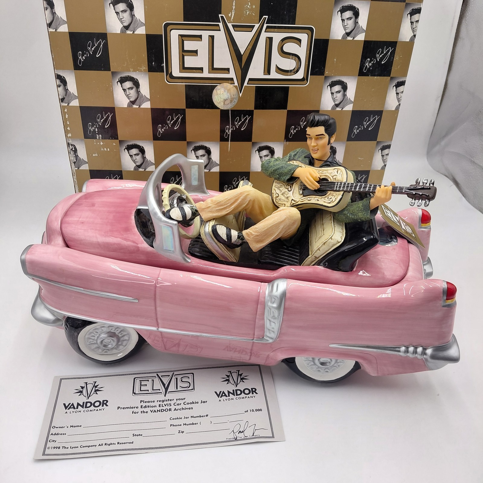 Vtg 90s Elvis Presley Pink Cadillac Cookie Jar ORIGINAL Box Certificate Numbered