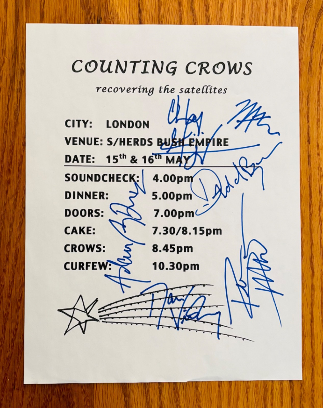 COUNTING CROWS~Signed 8 x 10 London Concert Itinerary~Recovering The Satellites