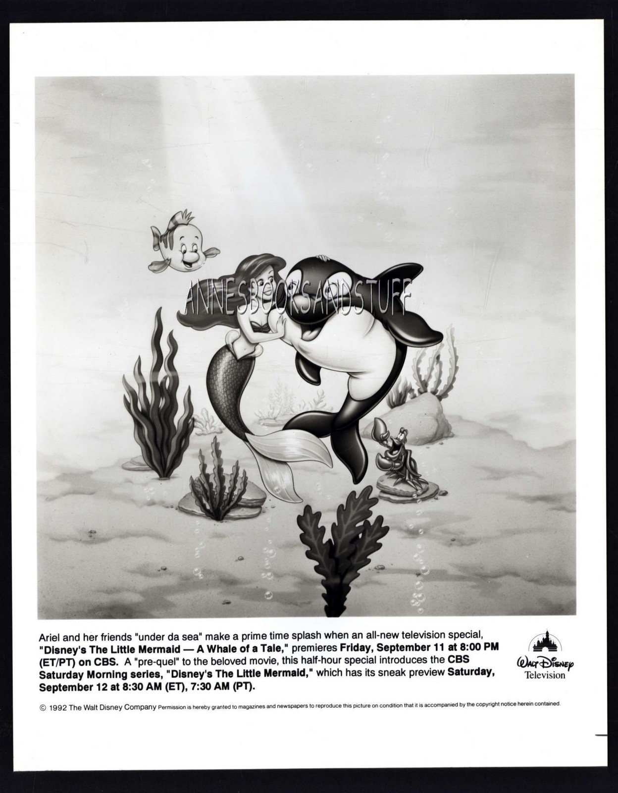 8 x 10 press photo * 1992 Disney Television THE LITTLE MERMAID-A WHALE of A TALE