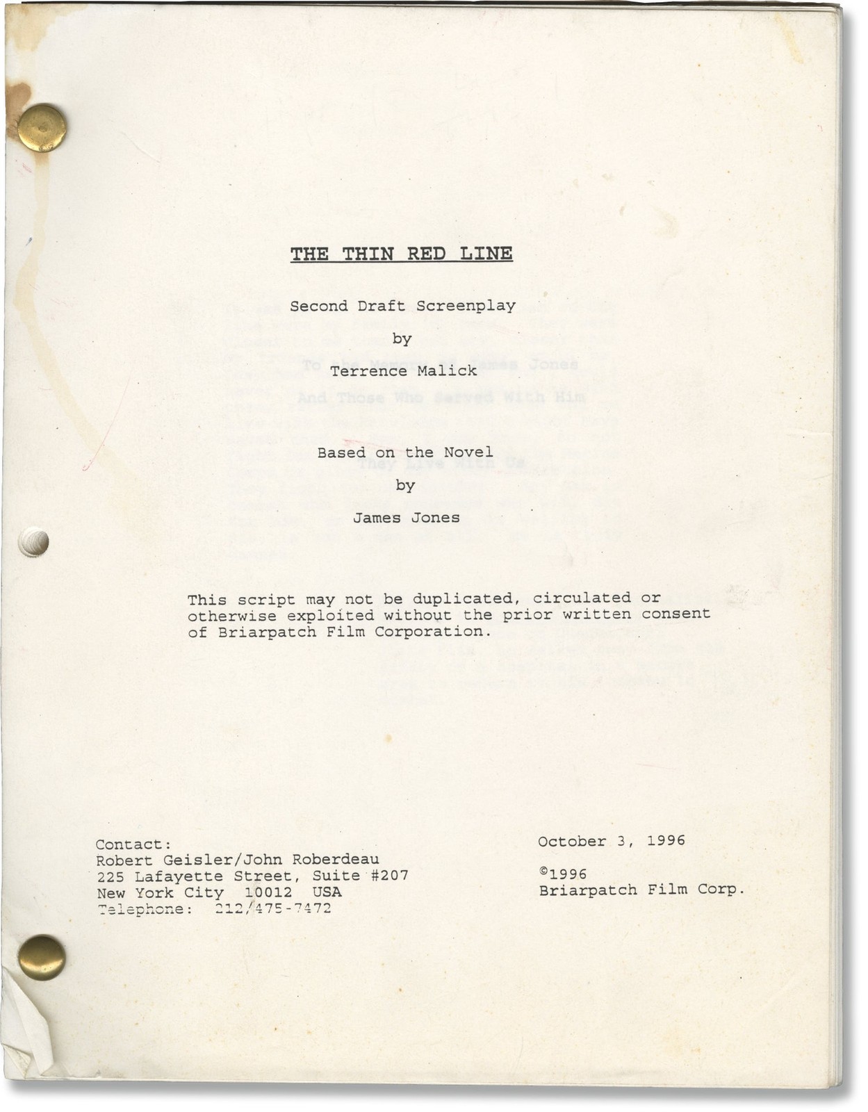 Nick Nolte Sean Penn THIN RED LINE Original screenplay for the 1998 #167227