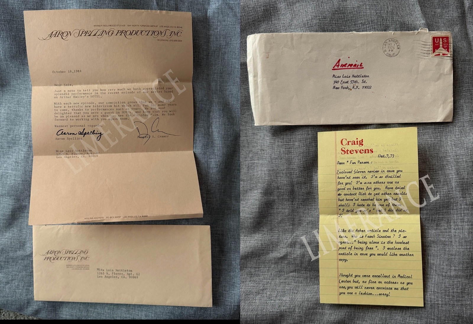 Aaron Spelling Signed Letter & Craig Stevens Signed Letter to Lois Nettleton