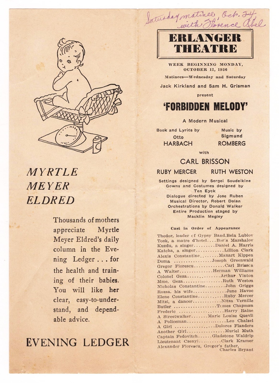 June Havoc (Debut) “FORBIDDEN MELODY” Carl Brisson 1936 Rare FLOP Tryout Program