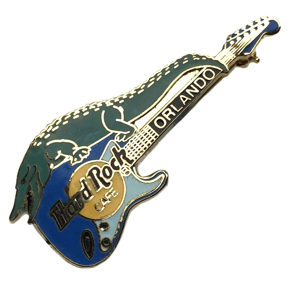 Vtg Hard Rock Cafe Orlando FL Pin Alligator Gator Blue Fender Guitar 1995 B4