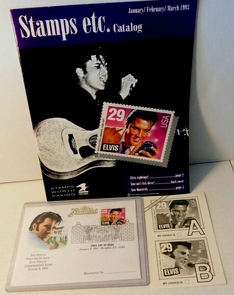 Elvis Presley 1st day of issue commemorative stamp & Original Elvis Stamp Poll