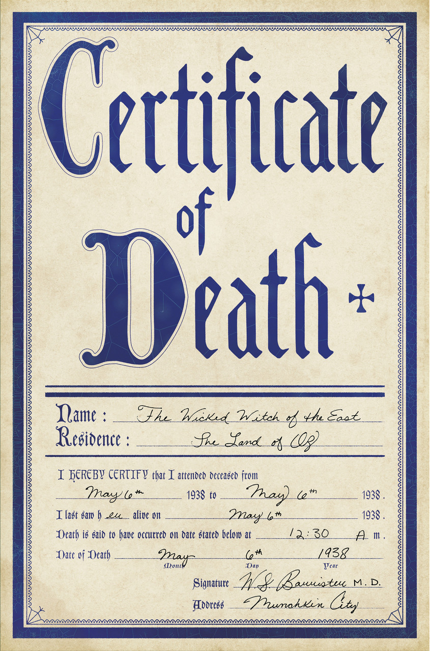 Wizard Of Oz Certificate Of Death Dorothy Ruby Wicked Witch Prop/Replica