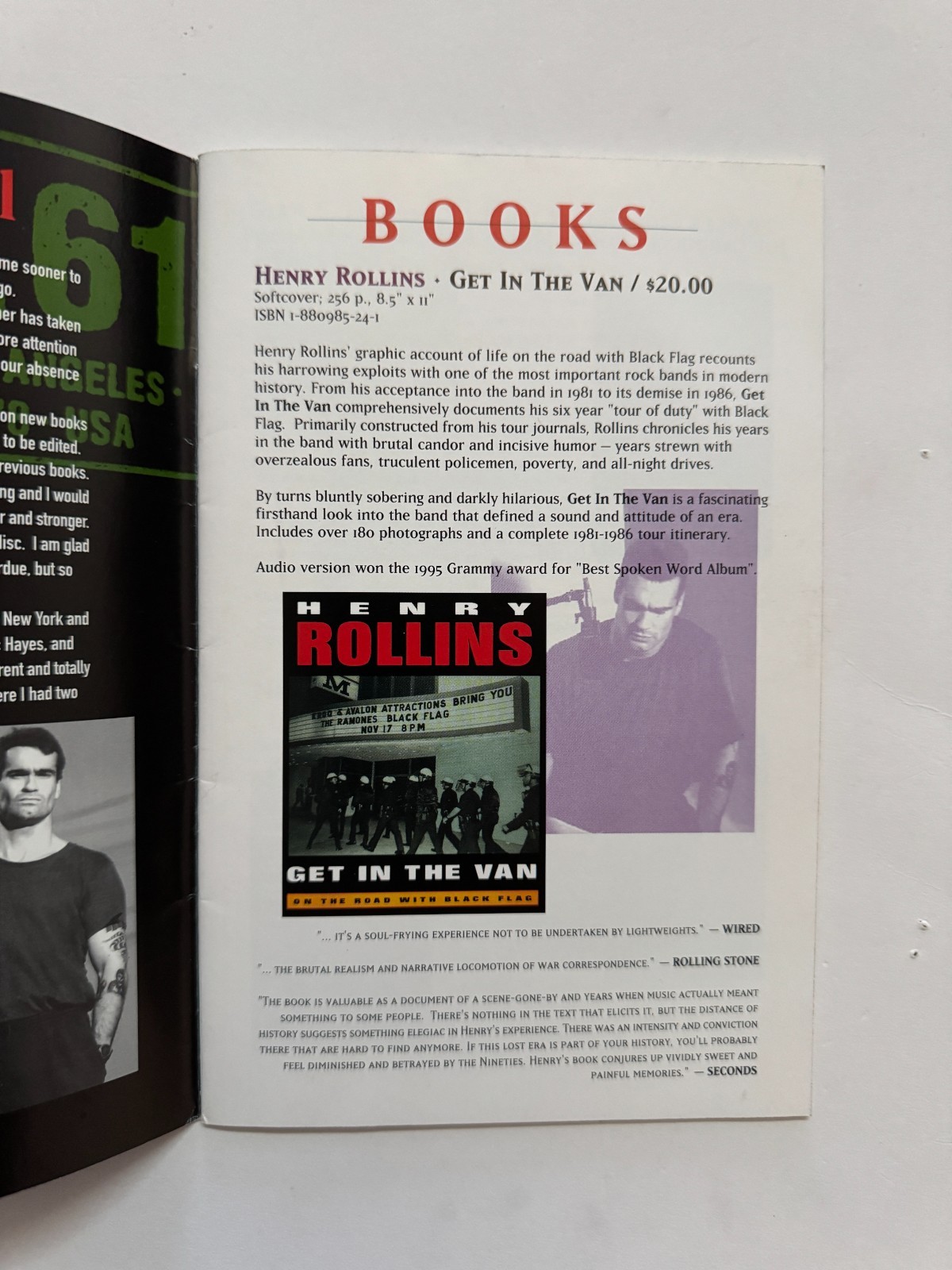1996 Henry Rollins Mail Order Catalog 2.13.61 Get In The Van Black Flag Book