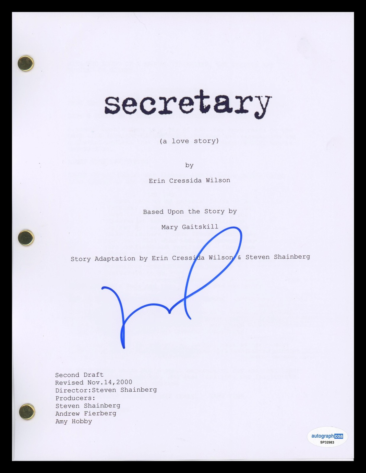 Maggie Gyllenhaal “Secretary” AUTOGRAPH Signed Complete Script Screenplay ACOA