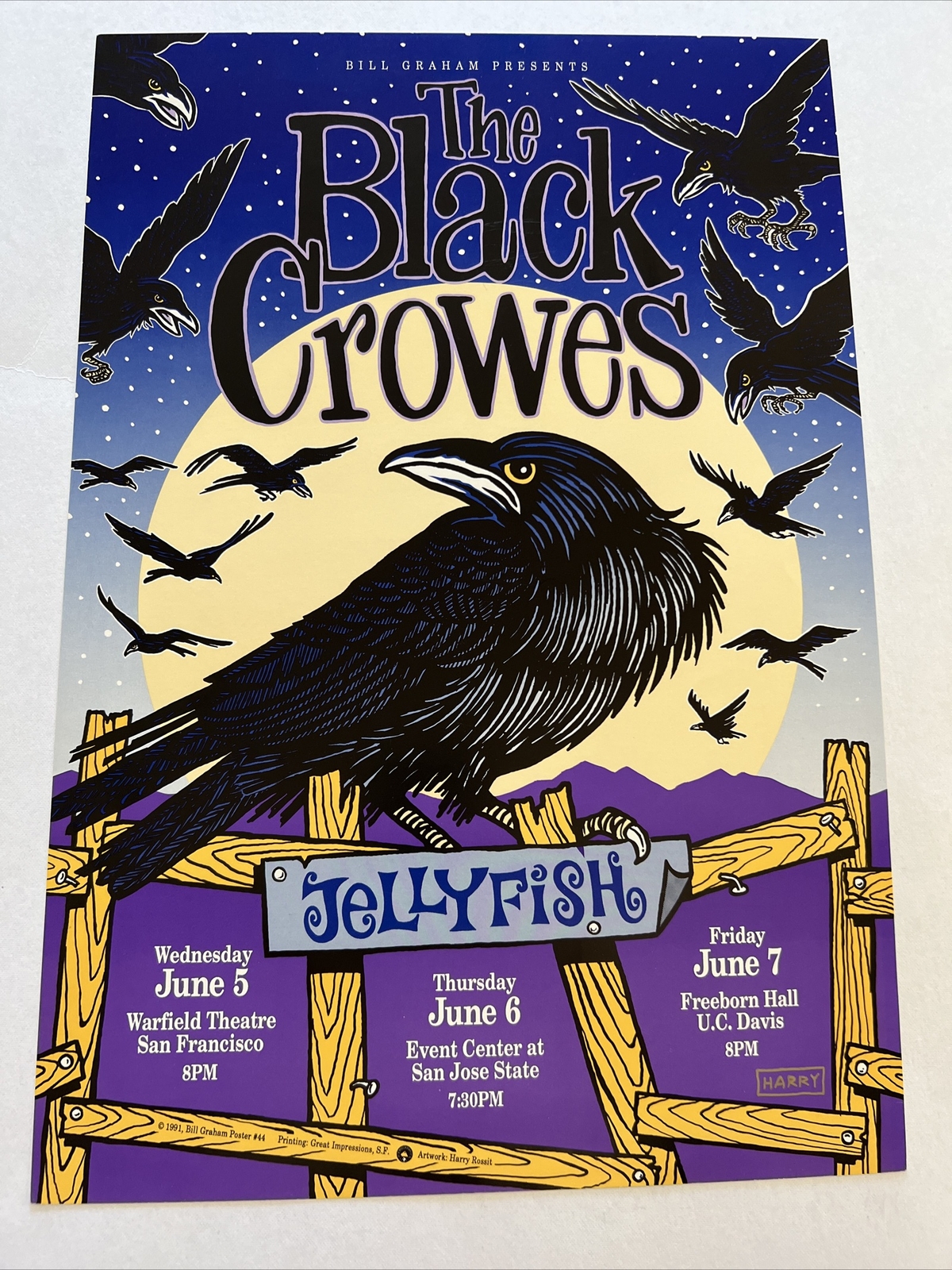 Black Crowes Original Concert Poster Signed From 1991 San Francisco San Jose