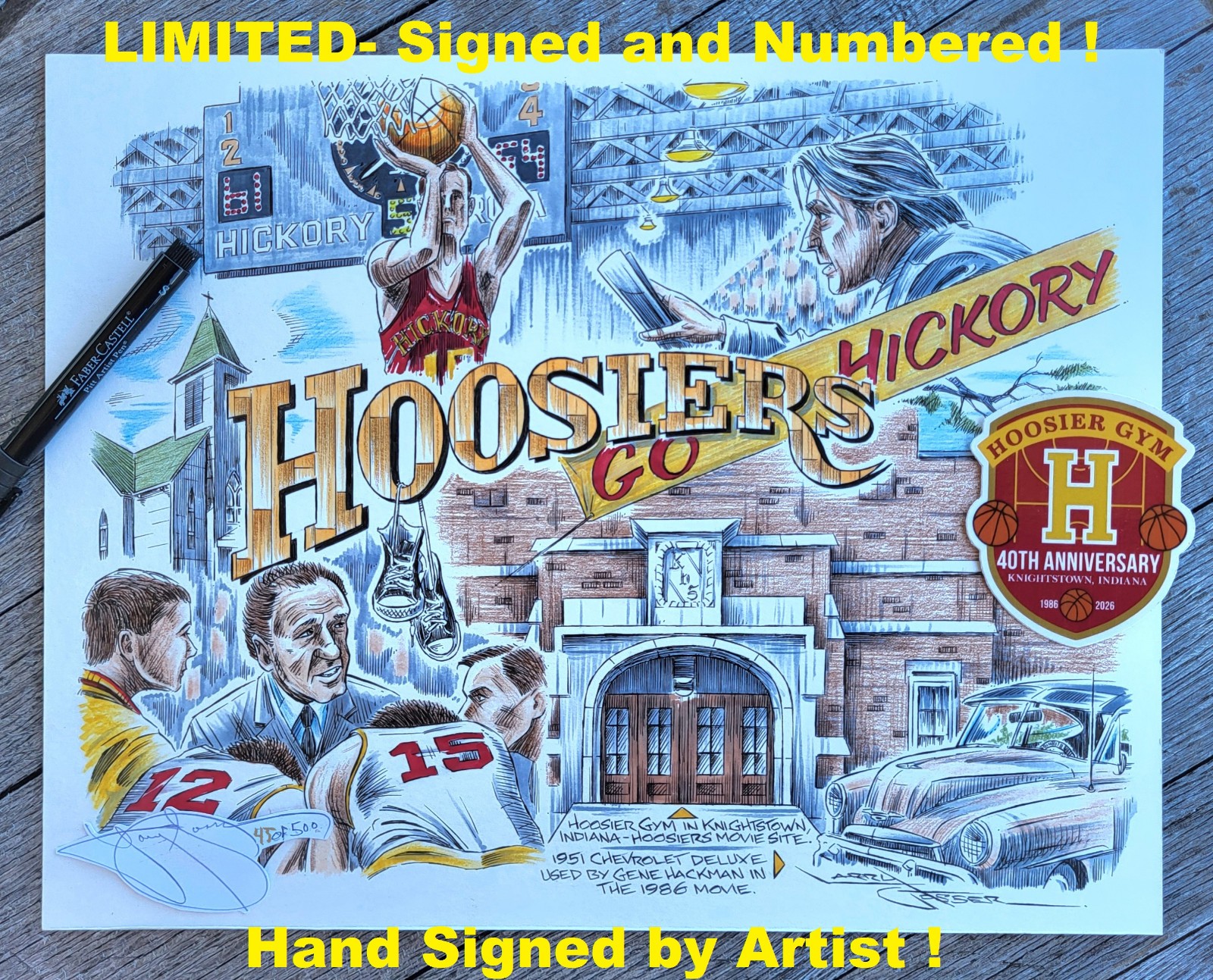 3-2-1 Rimmed Out. I Was FOULED! New HOOSIERS 40th Yr Art SHOOTER Quote Sgd #d