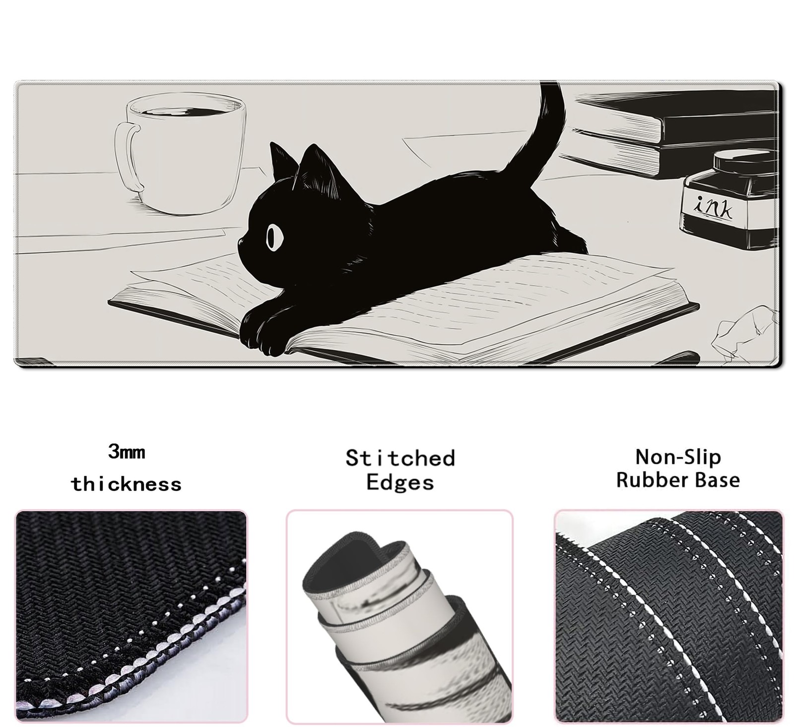 Cute Anime Black Cat Gaming Mouse Pad Large Cartoon Desk Mat, 31.5×11.8 Inch …