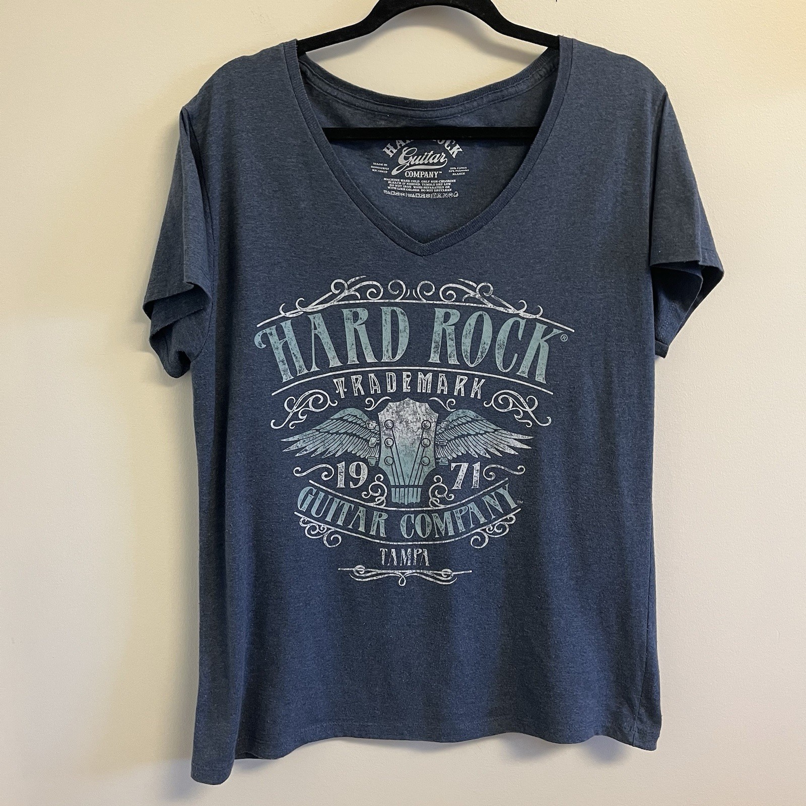 Hard Rock Guitar Company Tampa V-Neck Short Sleeve Heather Blue Gray T-Shirt XL