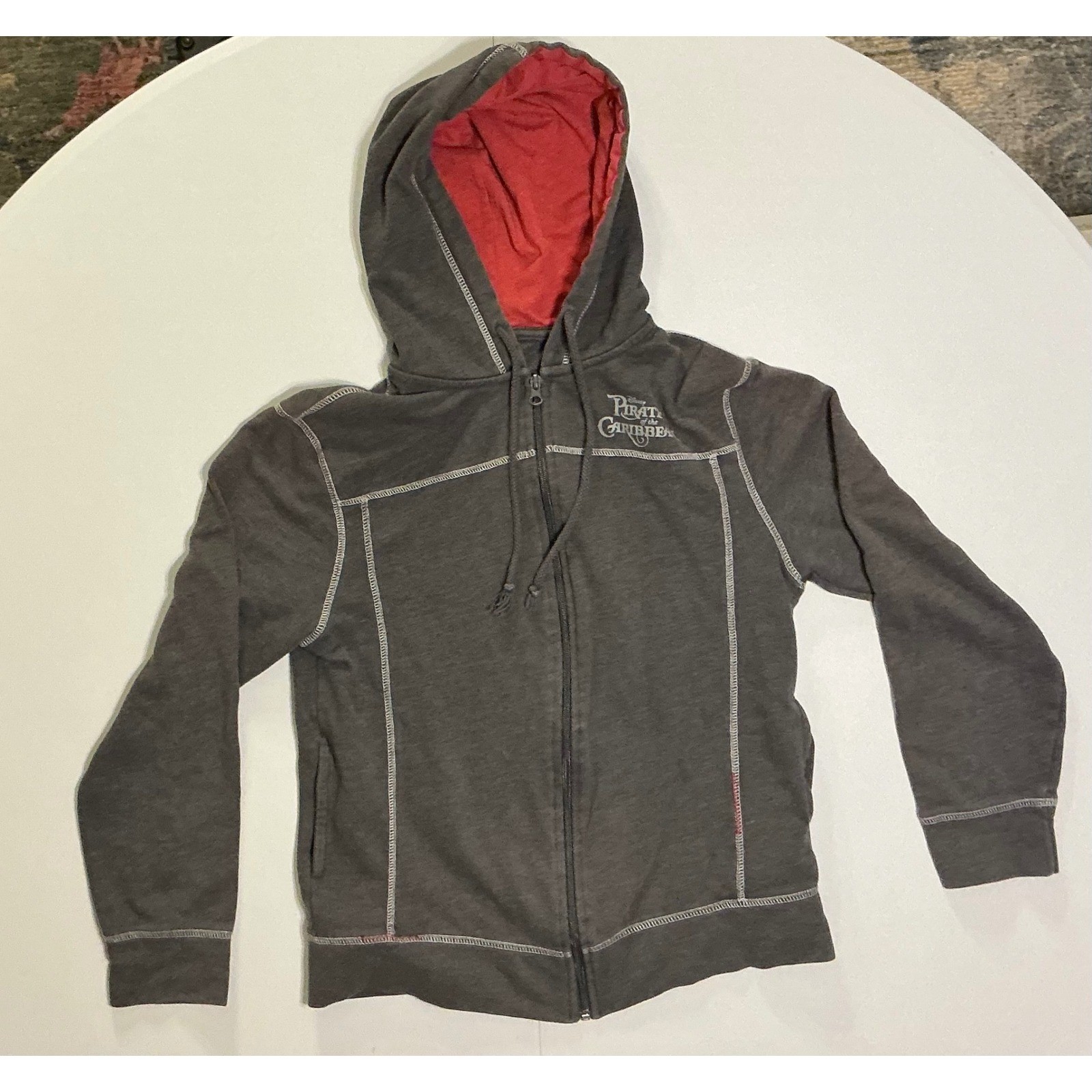 Disney Park Pirates of the Caribbean Zip Hoodie Gray Red Lined Jack Sparrow M
