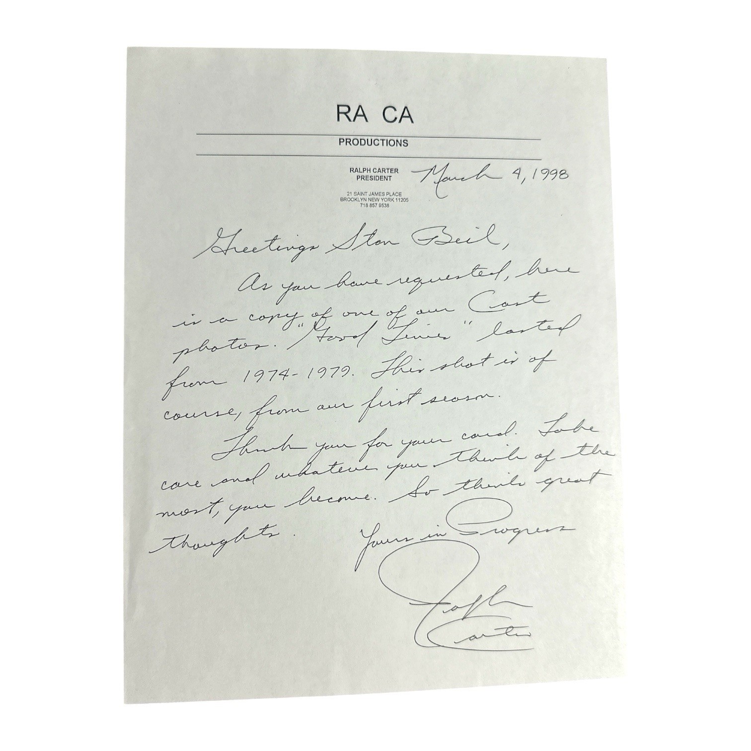 Ralph Carter “Good Times” TV Series Star Handwritten Autograph Signed Letter!