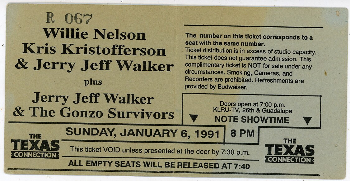 1991 Willie Nelson Kris Kristofferson Jerry Jeff Walker TEXAS CONNECTION TICKET