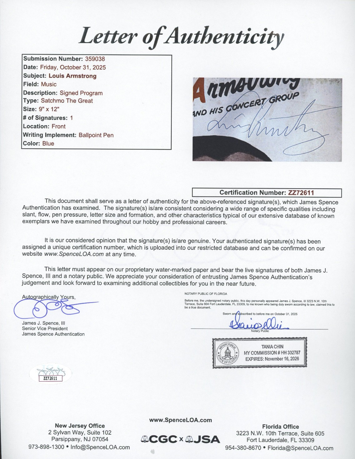 Louis Armstrong signed Concert Program JSA LOA Rare Jazz Auto Z2373