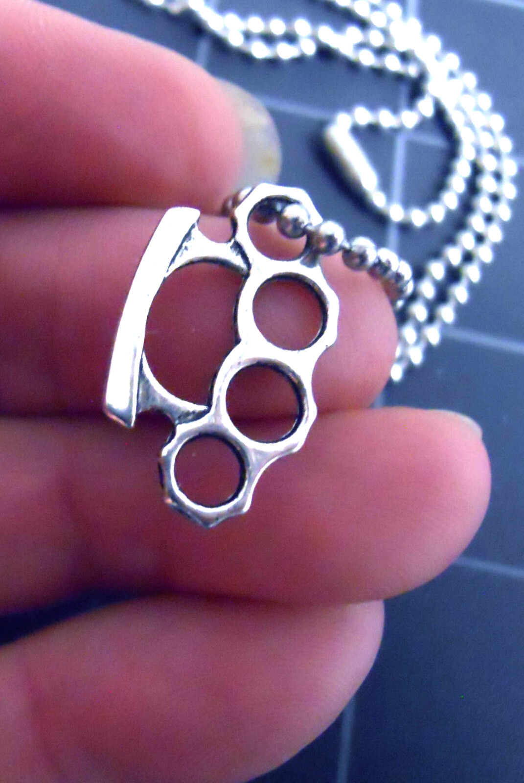 Necklace TINY BRASS KNUCKLES Charm Stainless Steel Ball Chain New