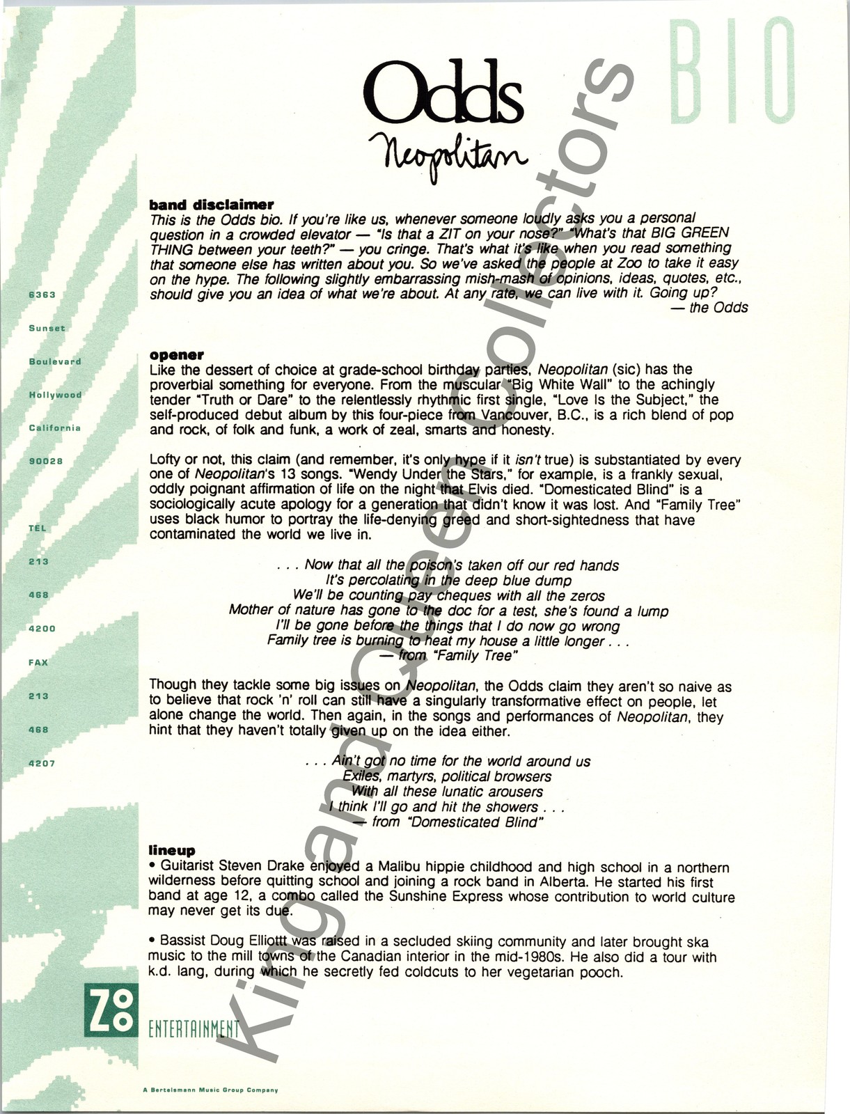 Odds Original Zoo Entertainment Press Kit Biography Sheet Neopolitan