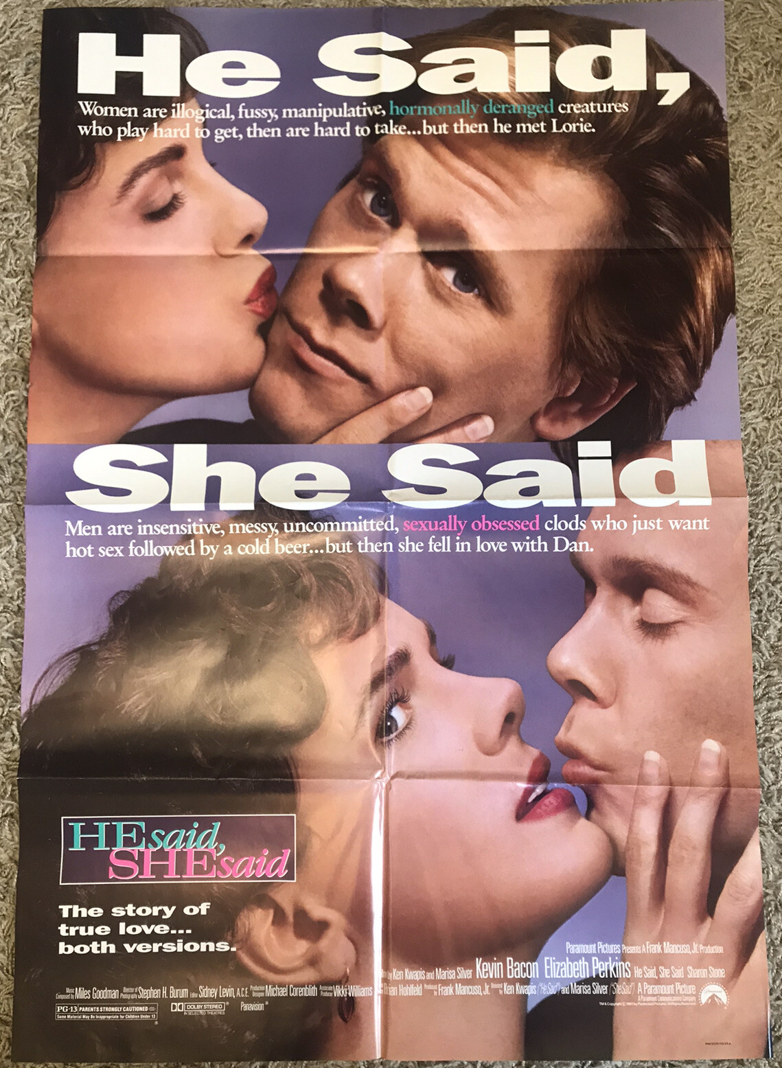 HE SAID, SHE SAID 1991 Kevin Bacon, Elizabeth Perkins, Phil Leeds-One Sh 27 x 41