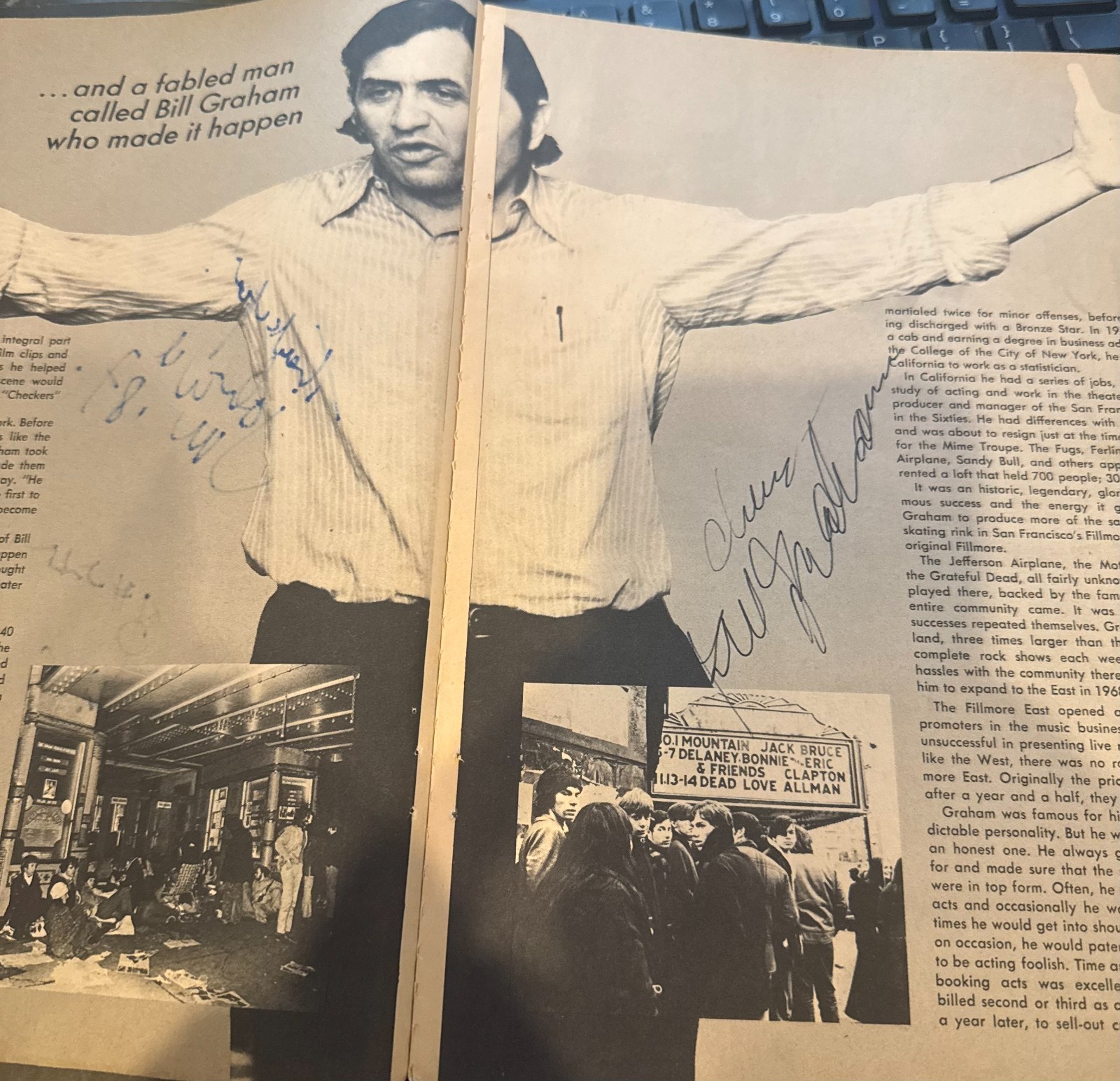 Bill Graham signed 2 page photo RR Auction COA Perfect for framing. Scarce