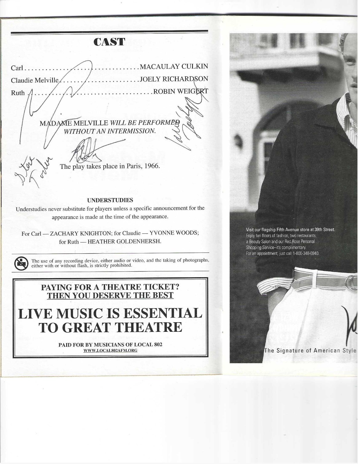 Macaulay Culkin Autographed Theater Program Hollywood TV Child Actor JSA COA